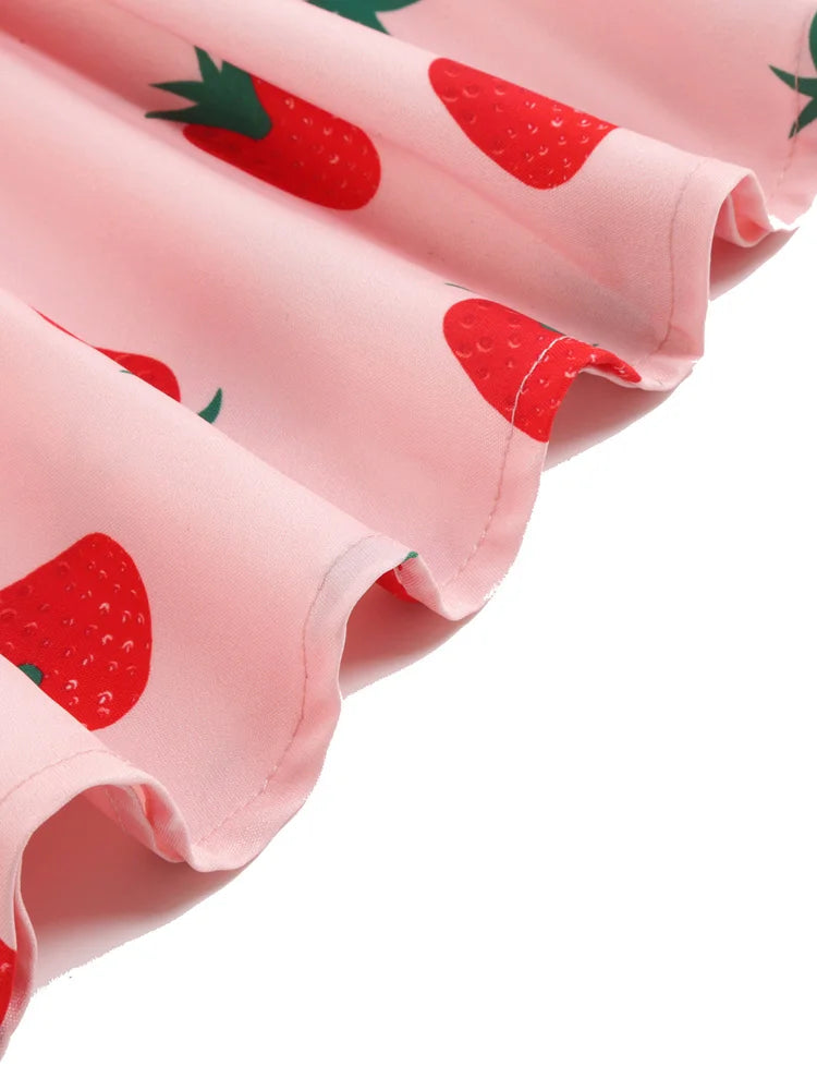 Pink,Black or Blue V-Neck Short Sleeve Pleated Vintage Strawberry Dress with Belt for Women Belt