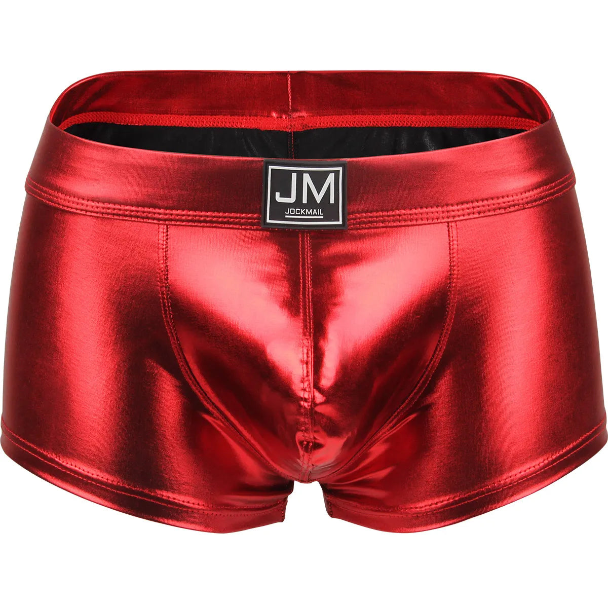 Metallic red boxer briefs with a visible brand label on a white background