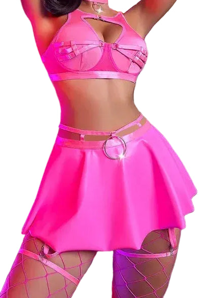 Luxury Choker Erotic Set New Bandage Lingerie Set Pu Leather Skirt Kit With Fish Net Stockings