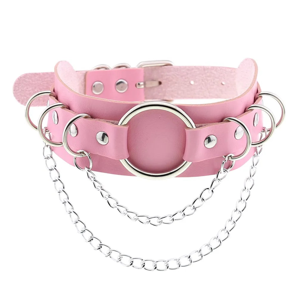 Trendy Punk Pink Lace Leather Choker Necklace