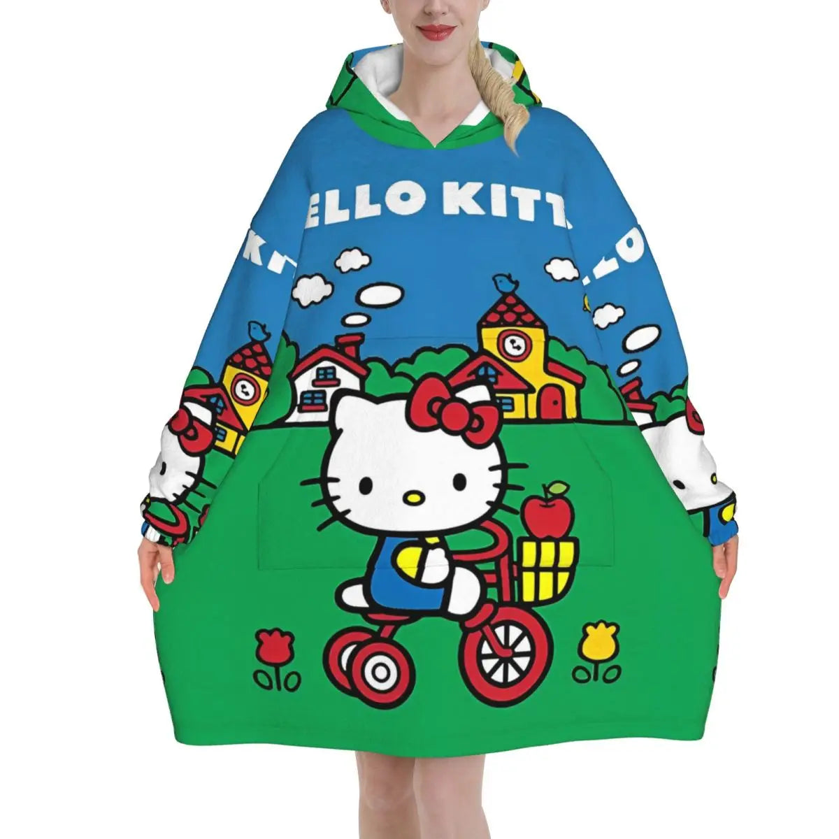 Hello Kitty Cartoon Blanket Hoodie Wearable Blanket Large with Pocket Warm Sleeping Bag Soft Cozy Onesie