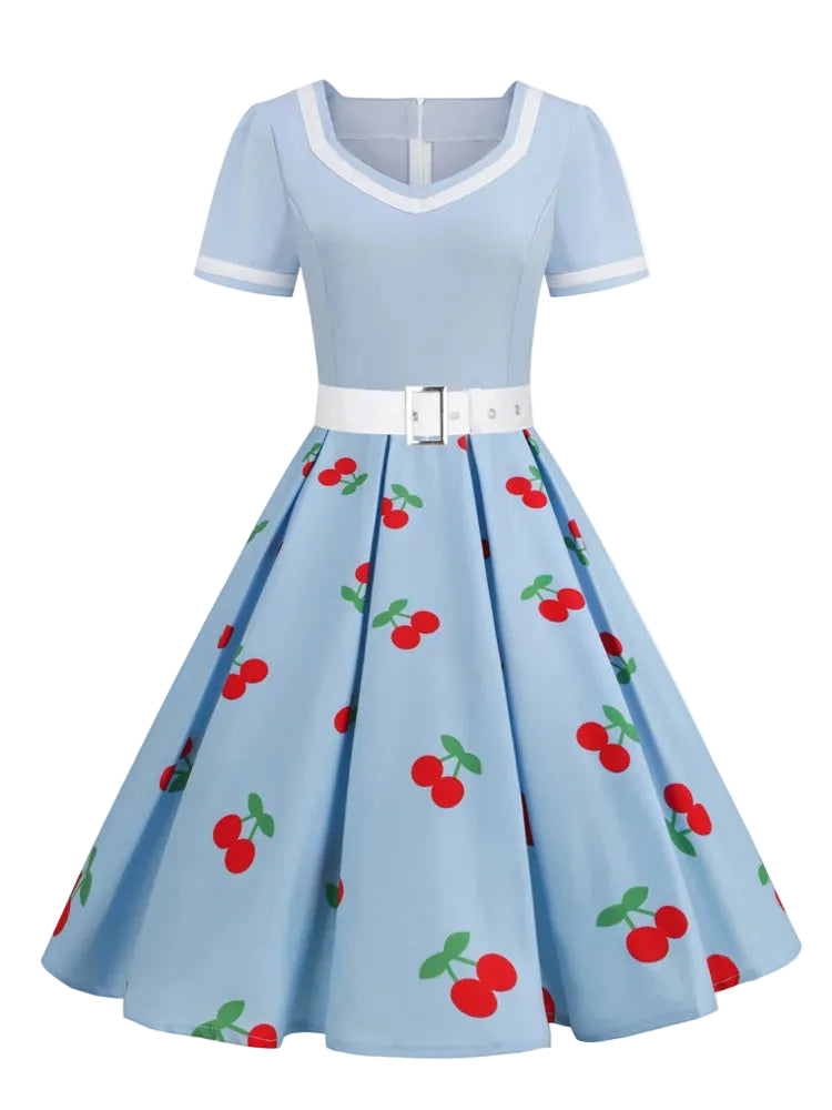 Pink,Black or Blue V-Neck Short Sleeve Pleated Vintage Strawberry Dress with Belt for Women Belt