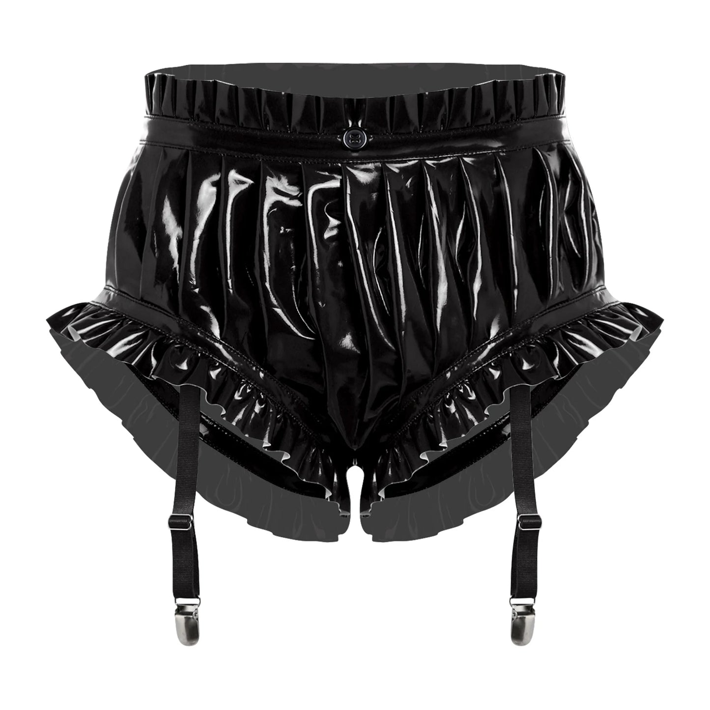 Unisex Wet Look PU Leather Boxer Shorts Hot Pants Ruffled Trim Shorts with Garter Clips