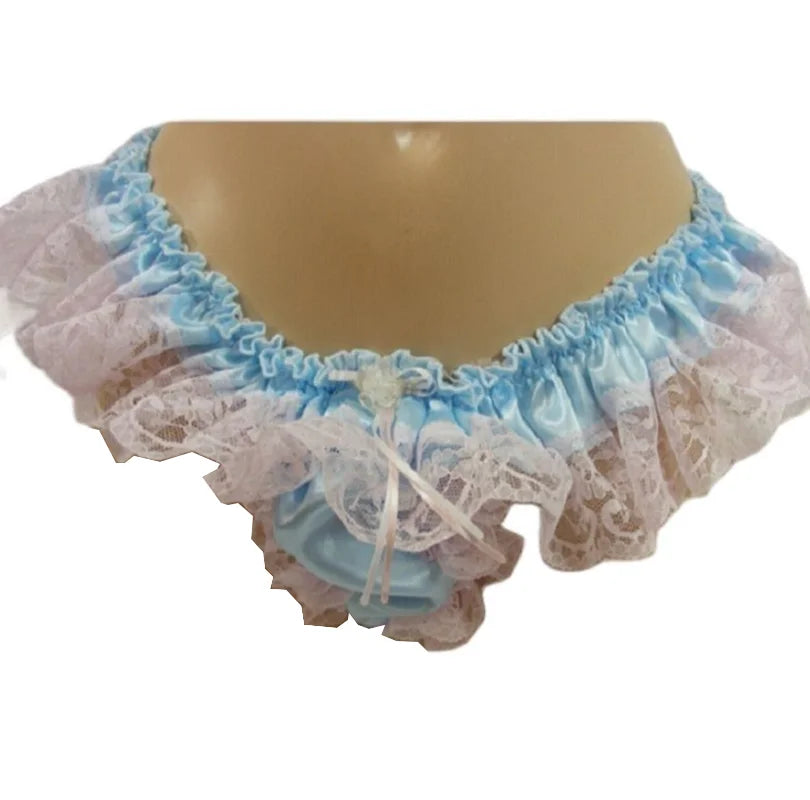 Adult Giant Baby Girl Blue Thin Satin Sissy Dress Thong