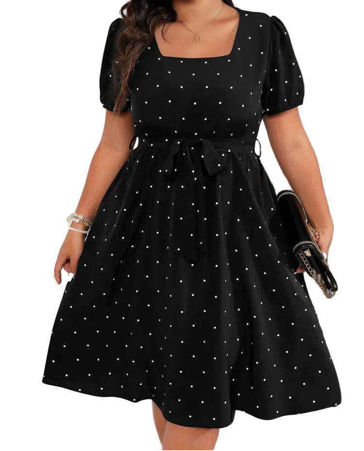 Plus Size Square Neck Polka Dot Belted Dress High Waist Summer A-line Big Swing Dresses
