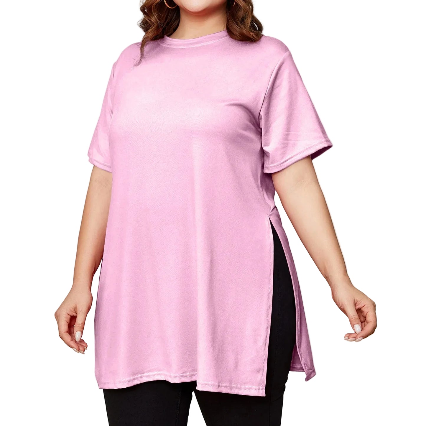 Person wearing a pink t-shirt with a white background