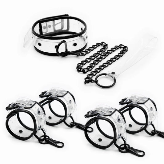 Transparent PVC Adjustable Handcuffs Ankle Cuffs Collar Bdsm Bondage Restraints Set