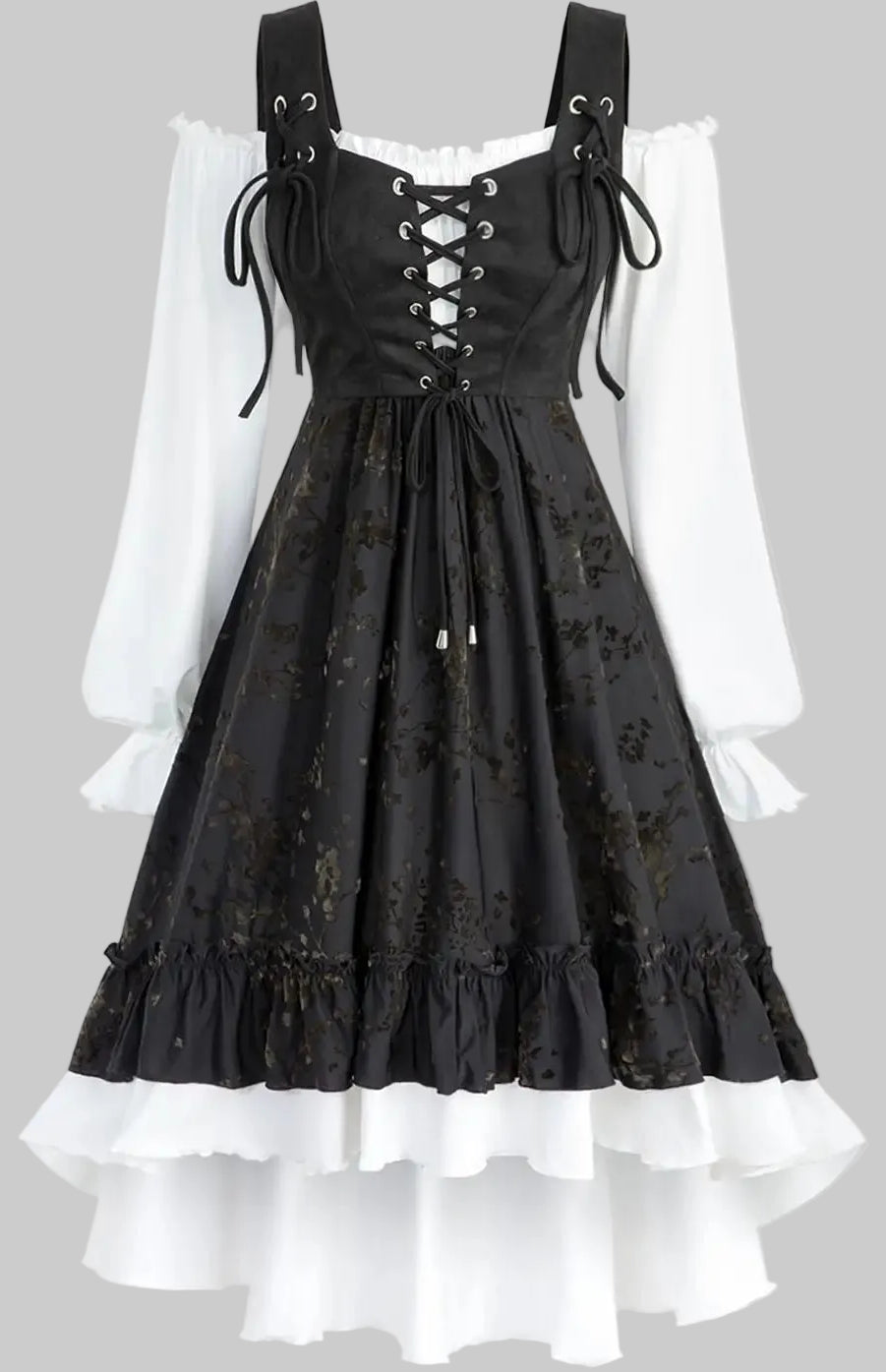 Black lace dress with white sleeves on a gray background