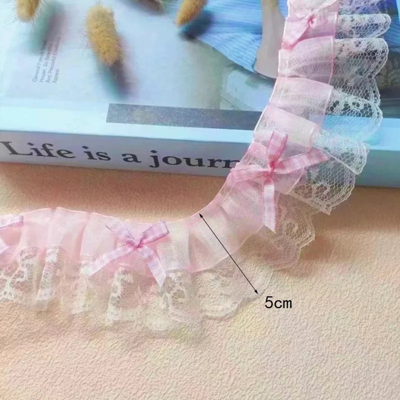 1 Yard Pink and White-Color Ruffle Wave Embroidery Lace Fabric Trim