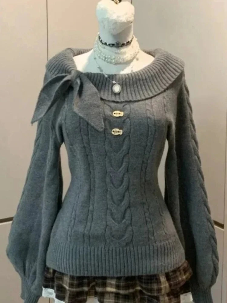 Sweet Hot Bow Off-Shoulder Sweater Elegant Fashion Knitted Tops