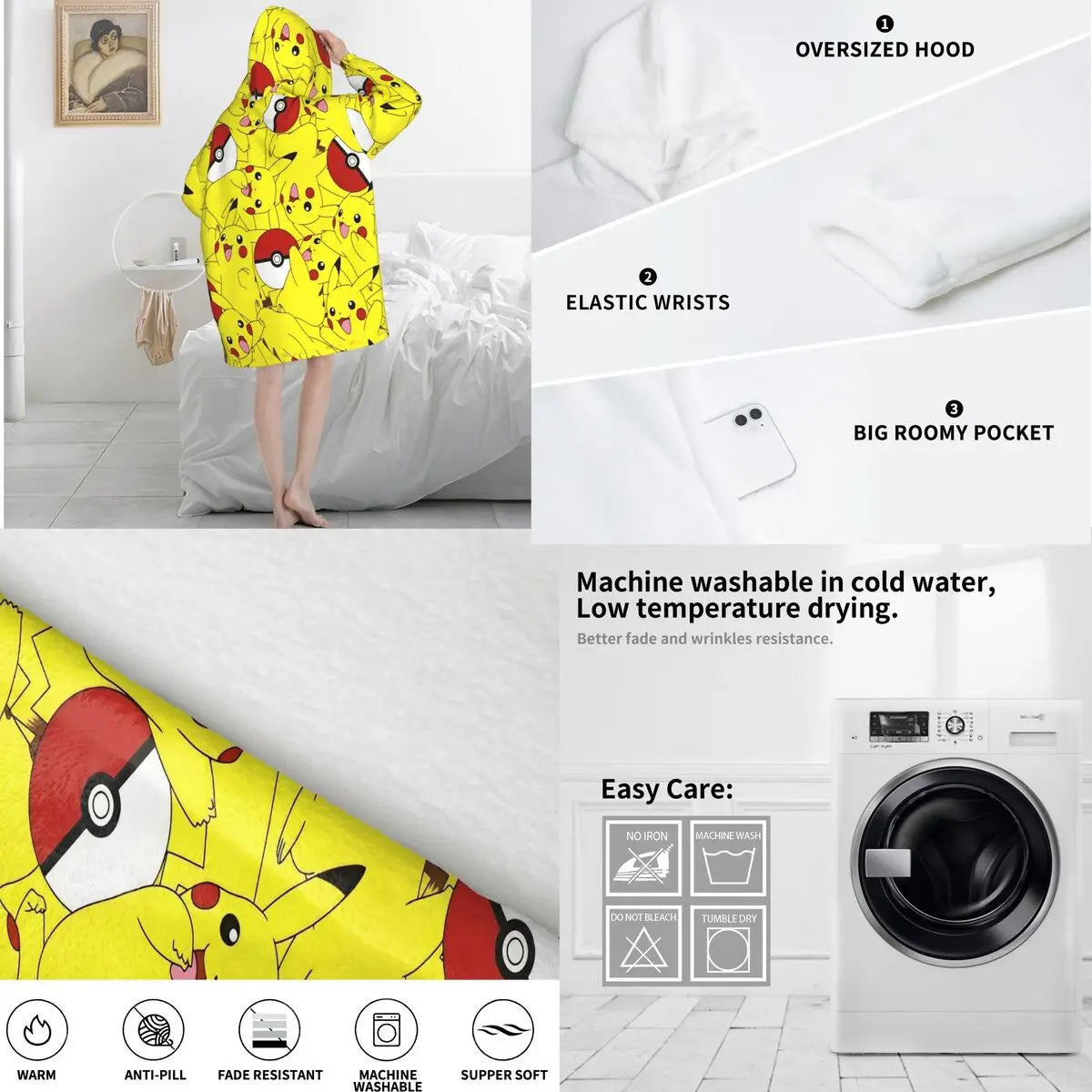 Pokemon Pikachus Blanket Hoodie Wearable Blanket Oversize with Pocket Warm Onesie