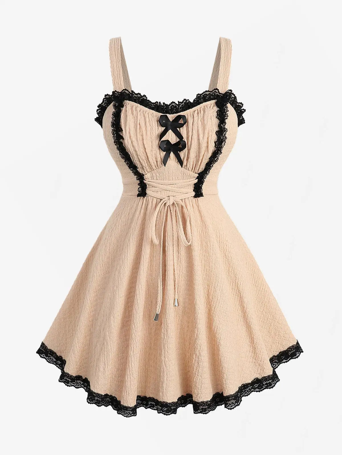 Plus Size Women Bowknot Lace Trim Lace-up Two Tone Textured Champagne Top