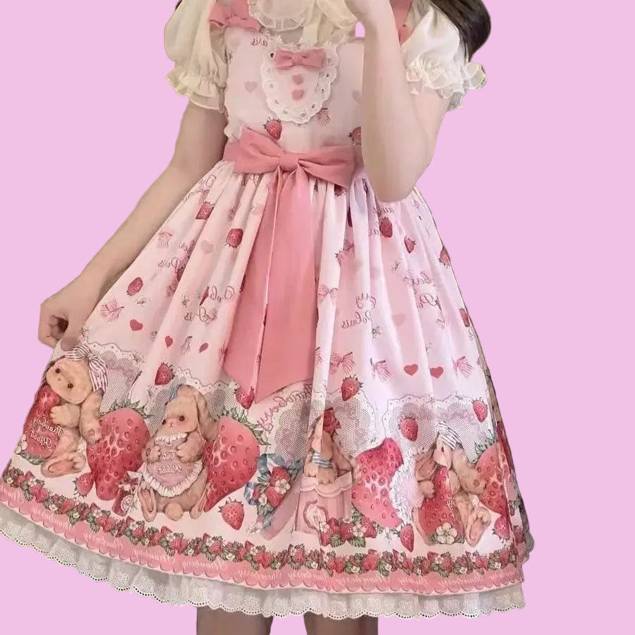 Falling Rabbit Berry Lolita Pink Cute SJK Dress Lolita Big Skirt Girls Birthday Show Cake Dress  birthday dress for women