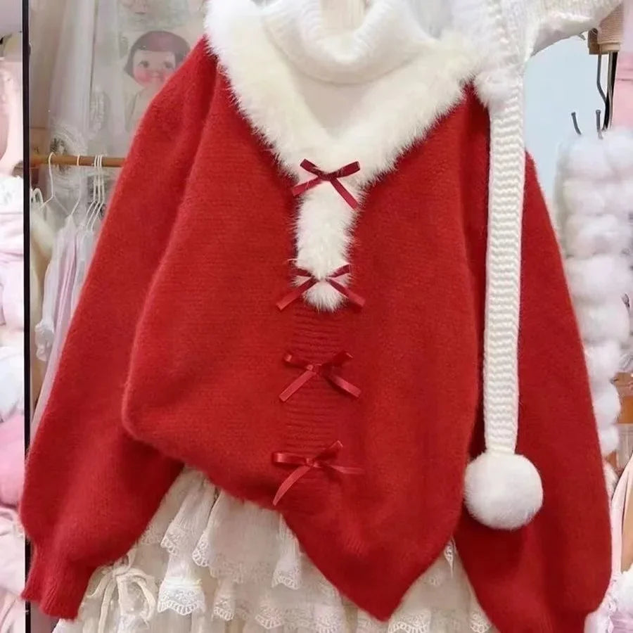 Sweet Hot Bow Off-Shoulder Sweater Elegant Fashion Knitted Tops