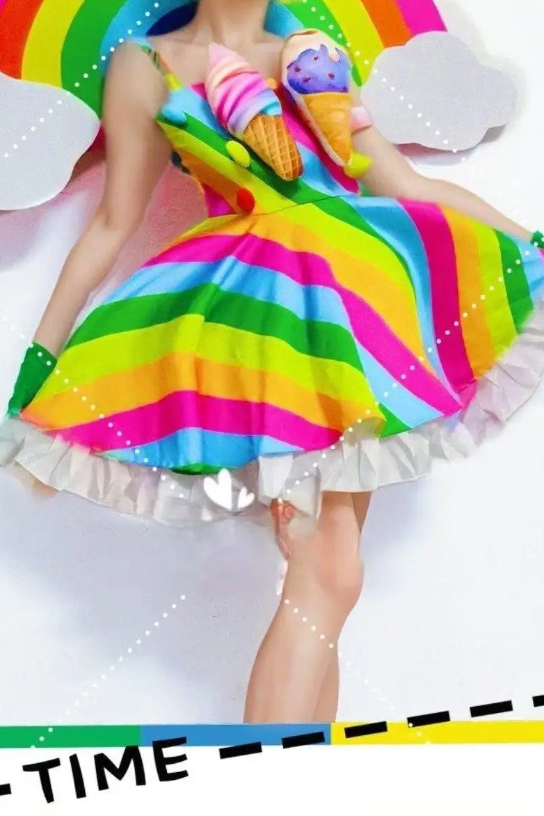 Cute Candy Rainbow Striped Puff Skirt+ Gloves Parade Costume