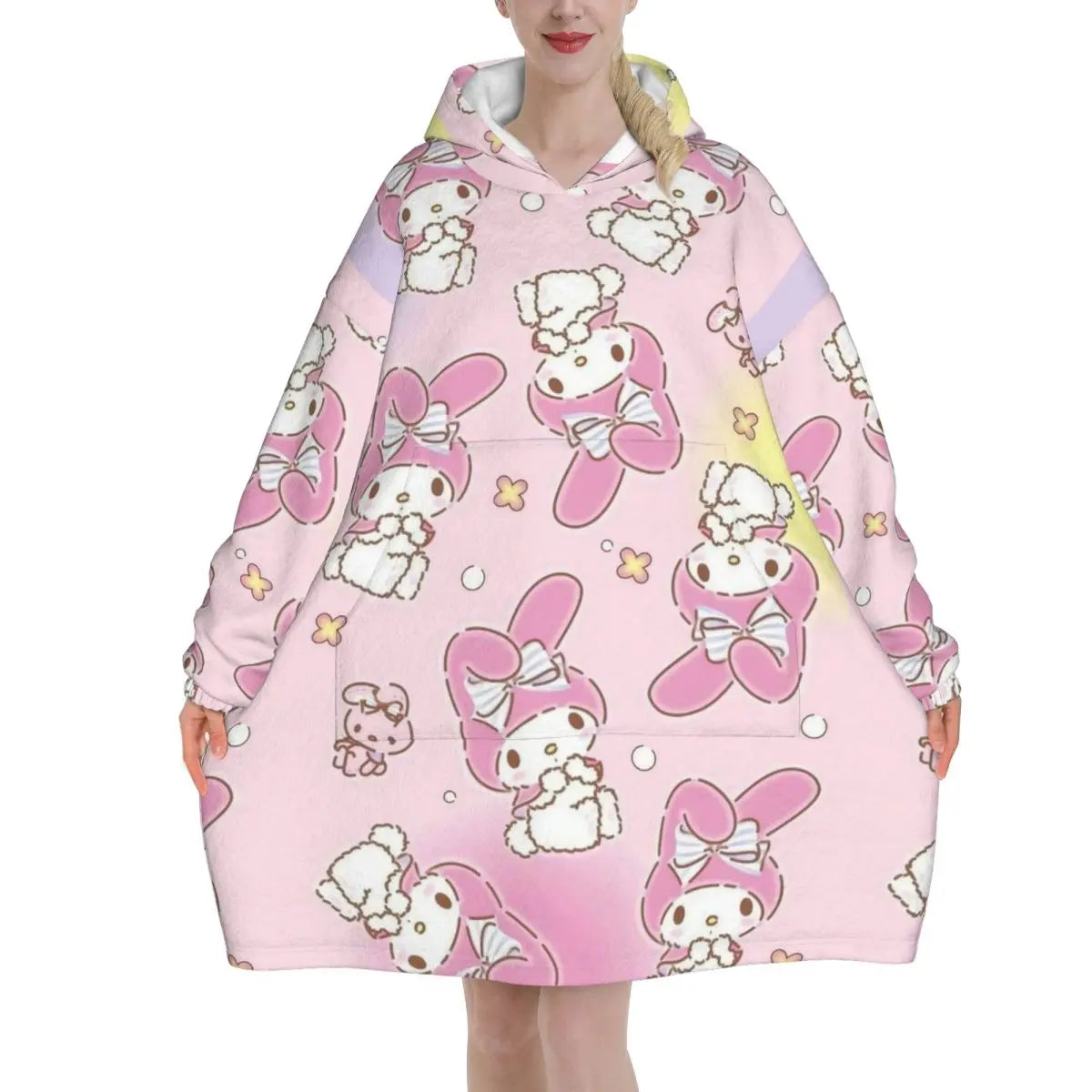 My Melody And Kuromi Blanket Hoodie Wearable Cute Cartoon Blanket Large with Pocket Warm Onesie