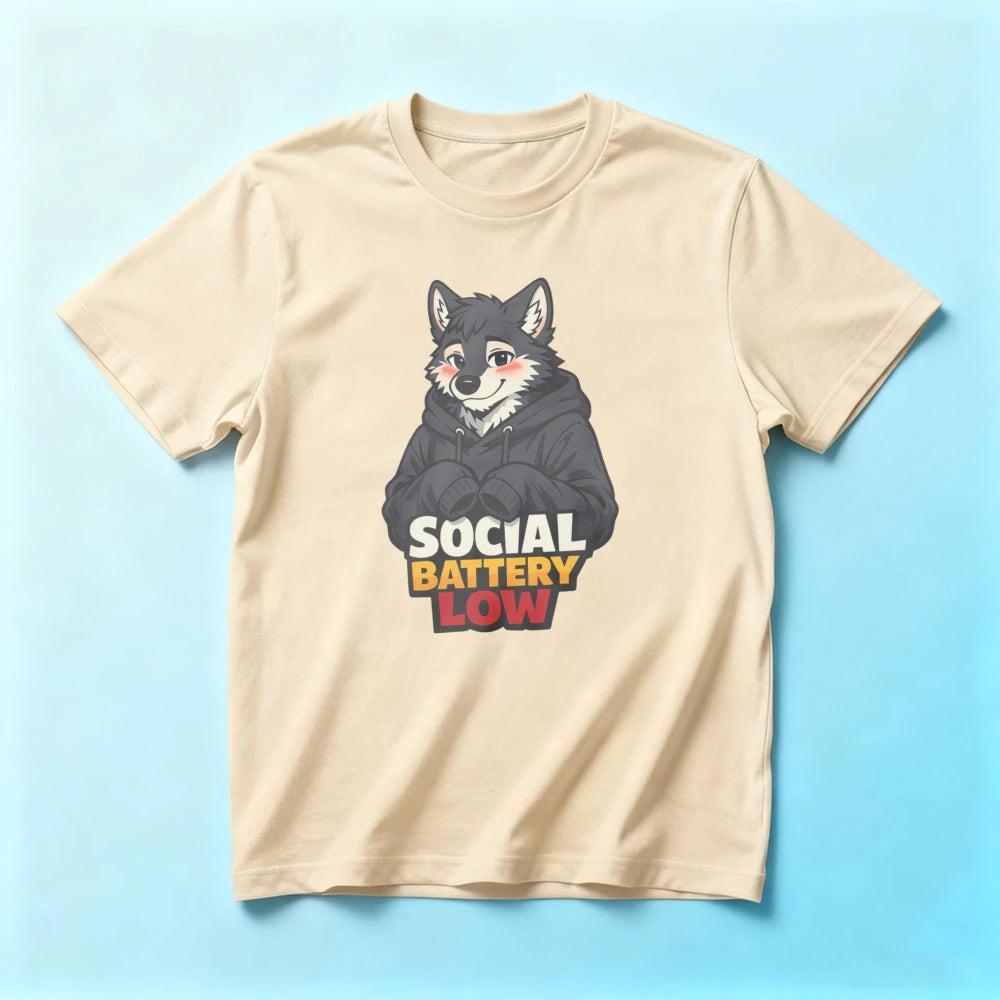 SOCIAL BATTERY LOW Shy Wolf Furry Shirt Cartoon Graphic Printed Tee