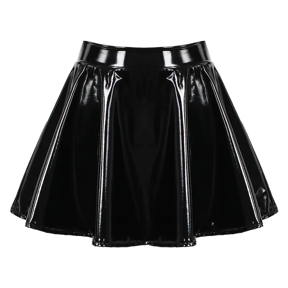 Glossy Short Pleated Skirts Patent Leather Miniskirt