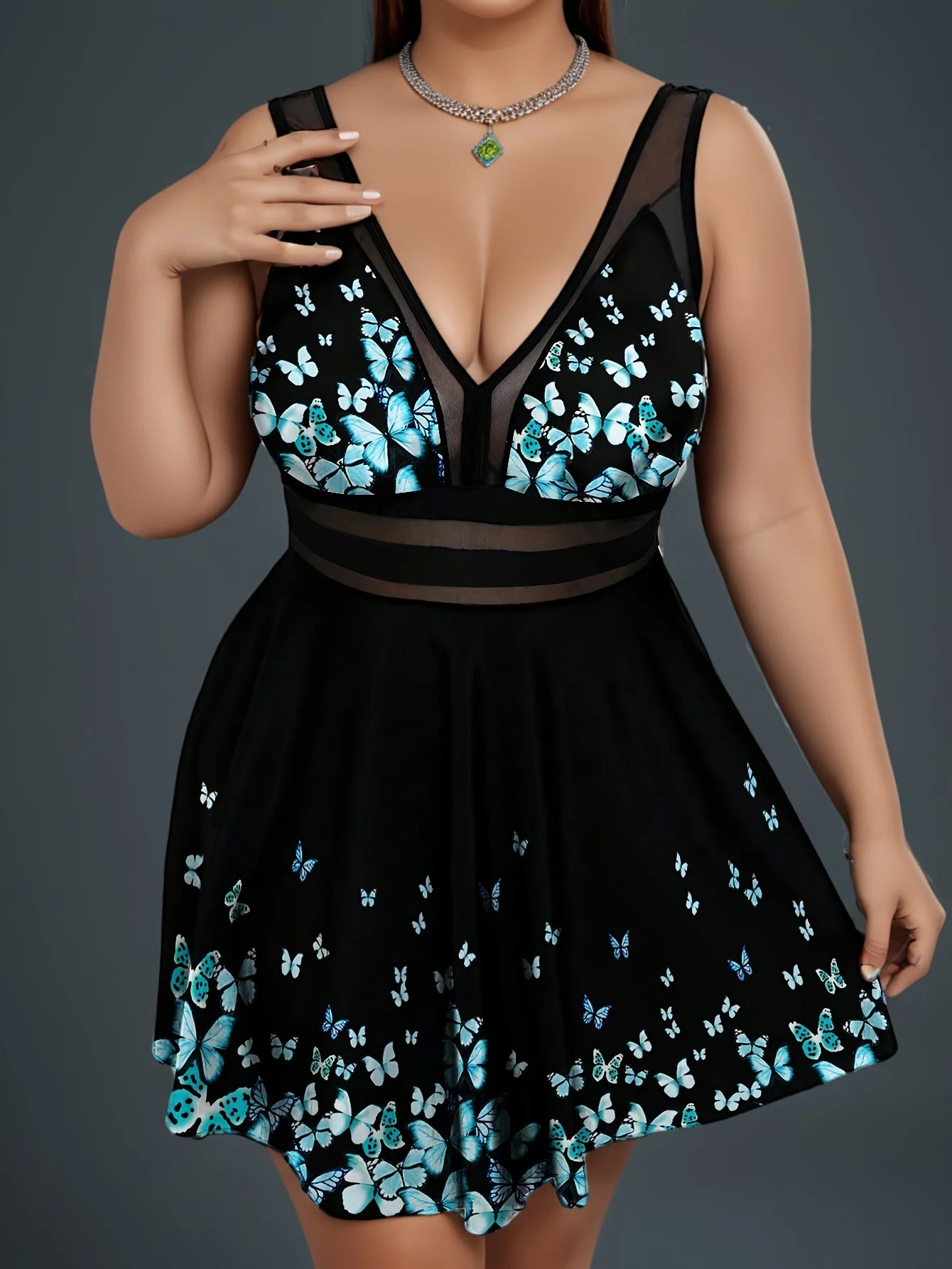 Plus Size Women's Black Blueor Black Pink Butterfly Print V Neck Mesh Panel A Line Beach Party Sundress
