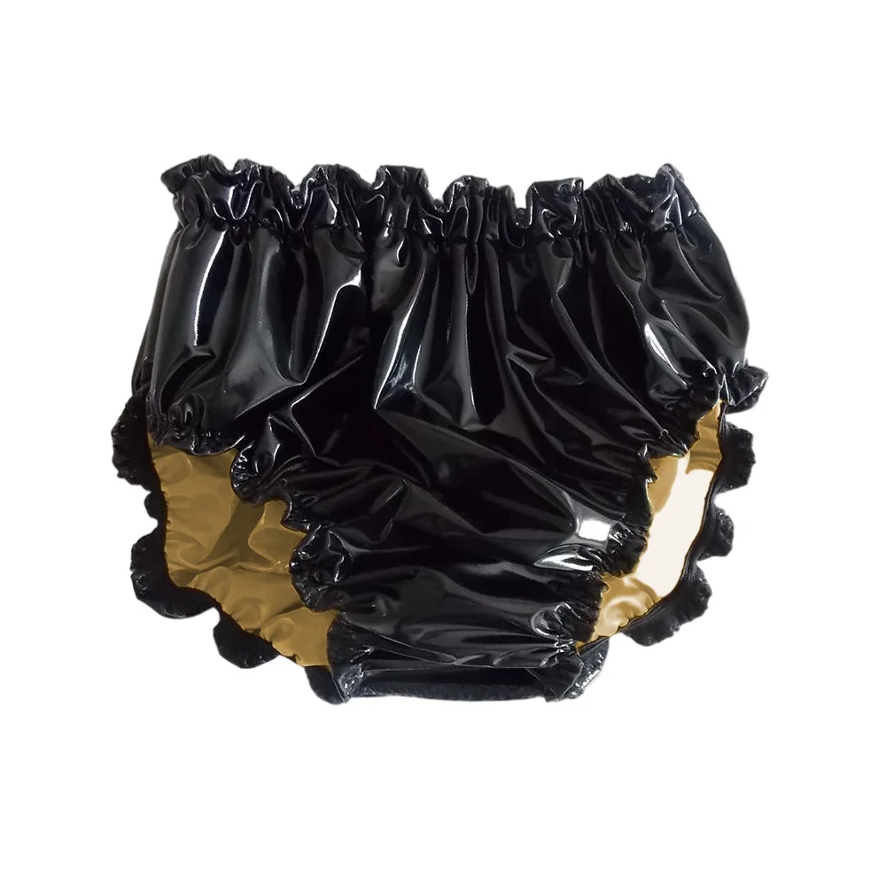 Shiny PVC Leather Panties Double Layer Splicing Briefs Glossy Waterproof