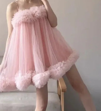 Women Spaghetti Strap Tulle Mini Dress Ruffle Fluffy Princess Ball Gown Sweet Party Evening Dress S XXL