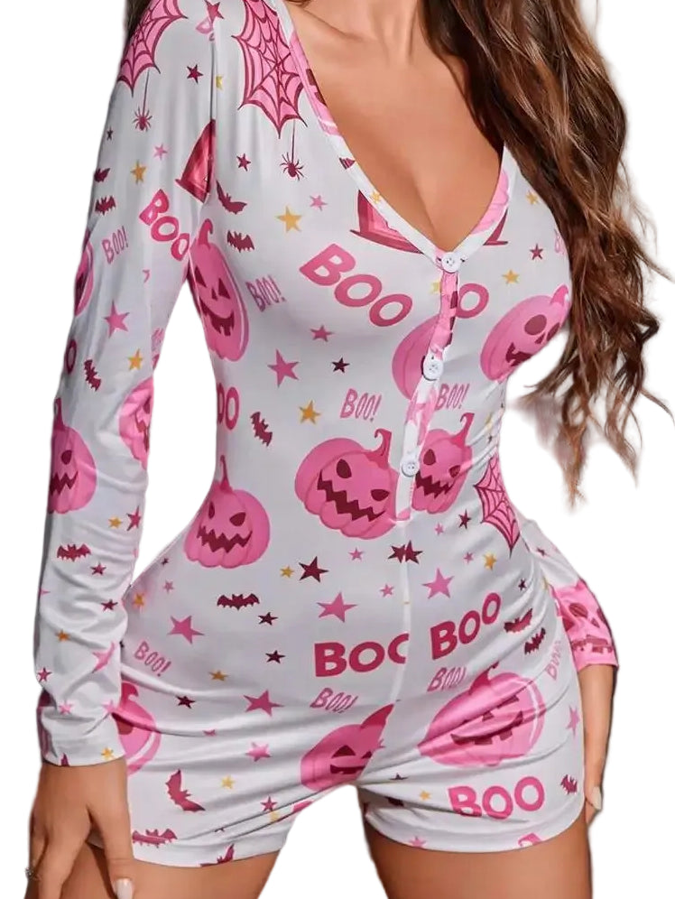 Unisex Romper Long Sleeve Button Front Pumpkin Print Jumpsuit