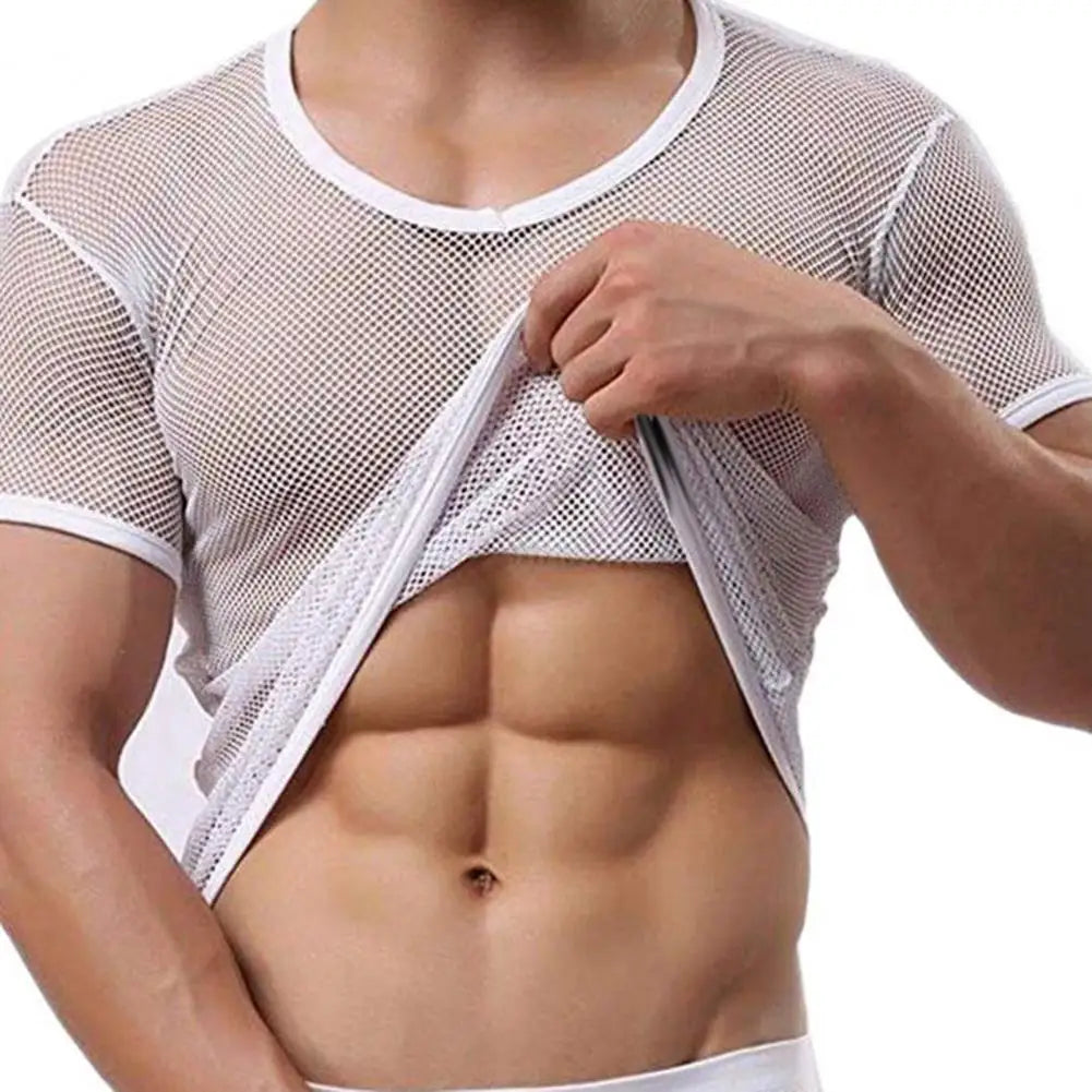 Men Mesh T Shirt Transparent Sexy Men See Through Fashion T-shirt Men Slim Fit Shiny Sexy T Shirt Party Nightclub Blouse Tops