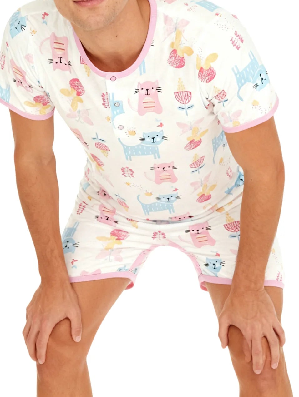 Pink Cat Bodysuit with Short Leg for Adults Onesie ABDL Clothes