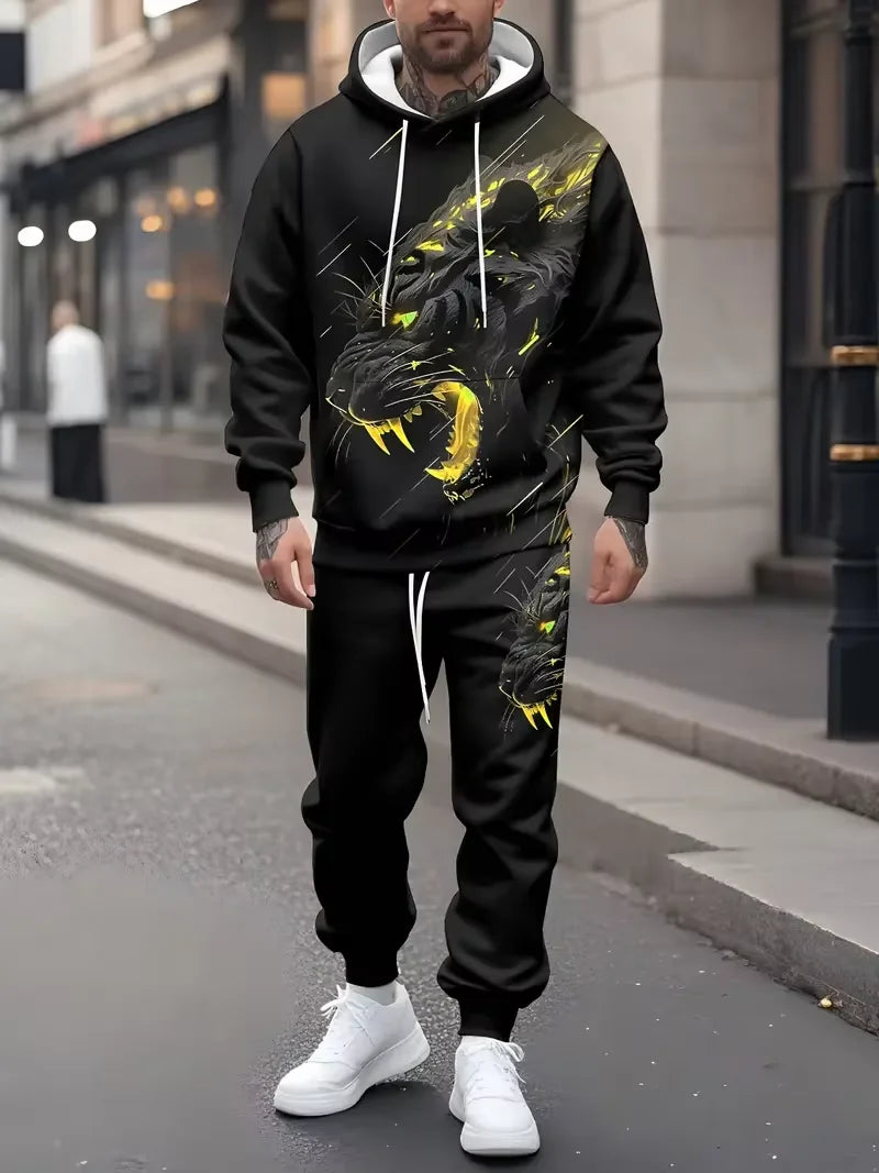 Trendy 3D Animal Tiger Print Hoodies 2-Piece Set Unisex Tracksuit Outfits