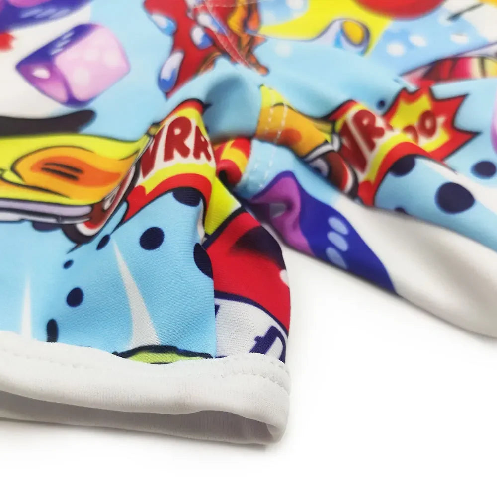 Colorful fabric with cartoon character design on a white background