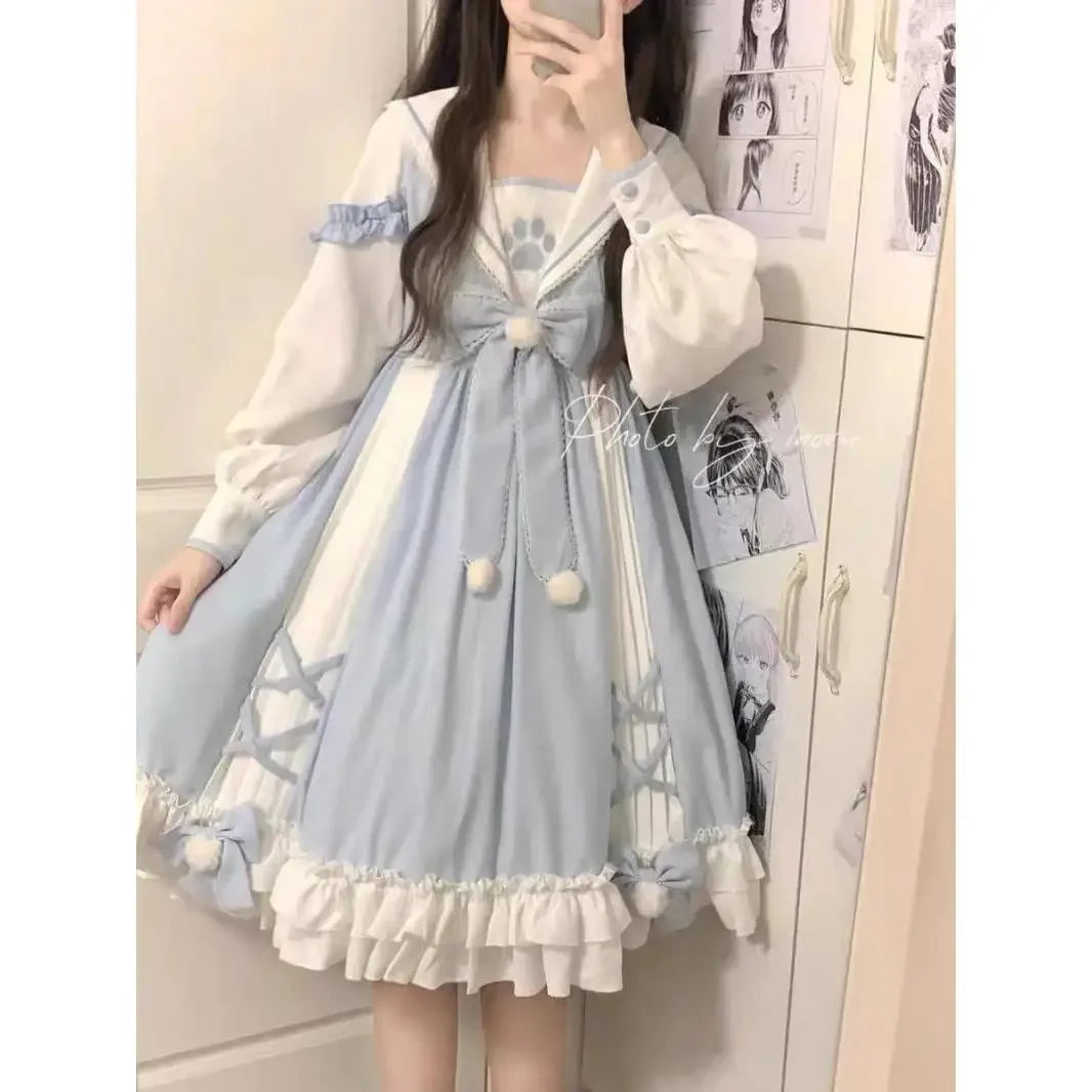 Oversize Blue Lolita Dress for Women Sailor Collar Bow Long Sleeve Dresses 2025 Spring New Long Sleeve Vestidos De Mujer