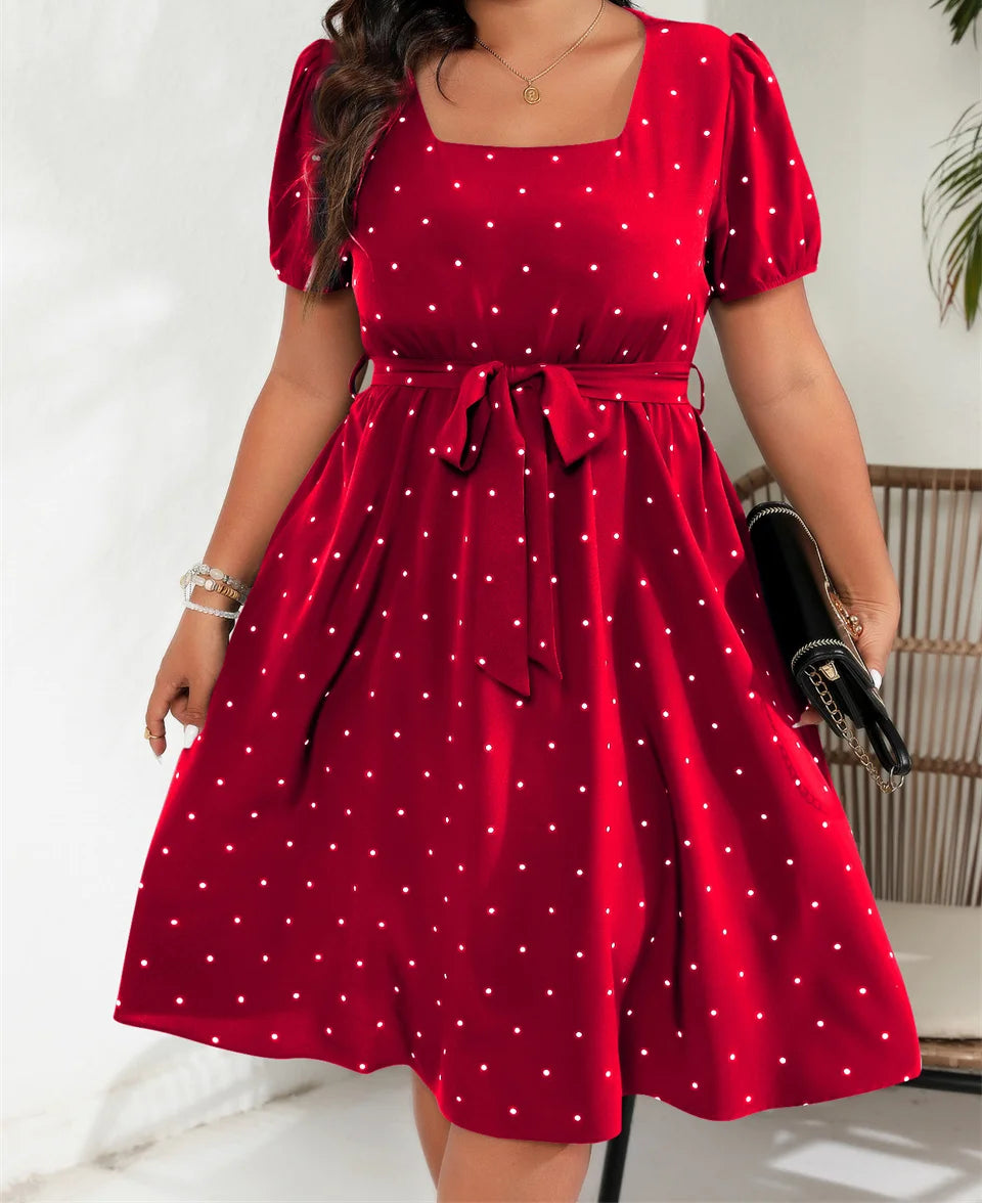 Plus Size Square Neck Polka Dot Belted Dress High Waist Summer A-line Big Swing Dresses