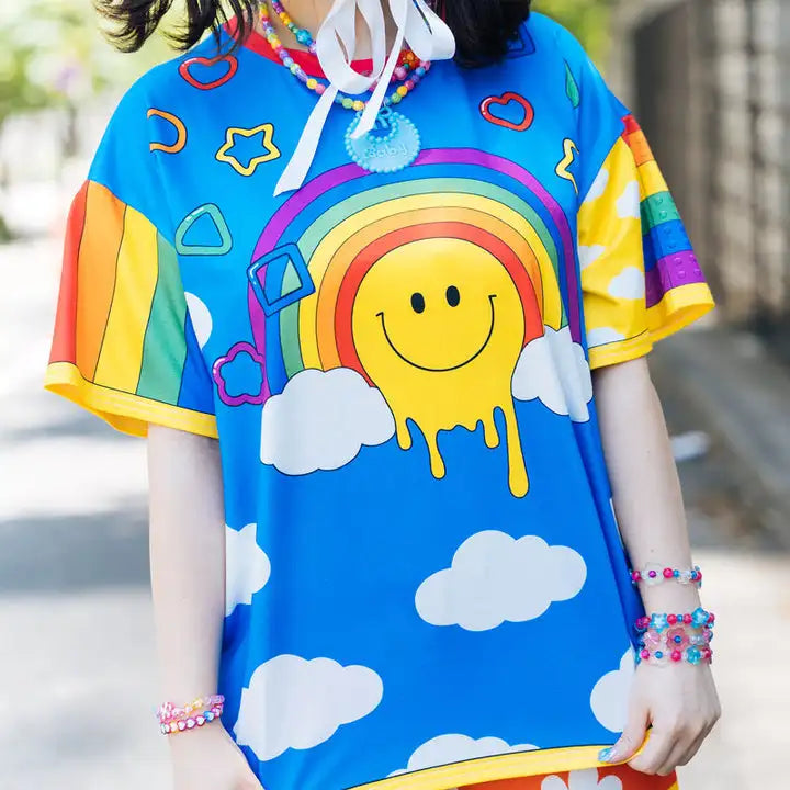 2026 Summer Fun Rainbow Smiley Y2k Retro Cosplay T-shirt Ladies Oversize 3D Printed Short Sleeve Unisex Children's Casual Shirt