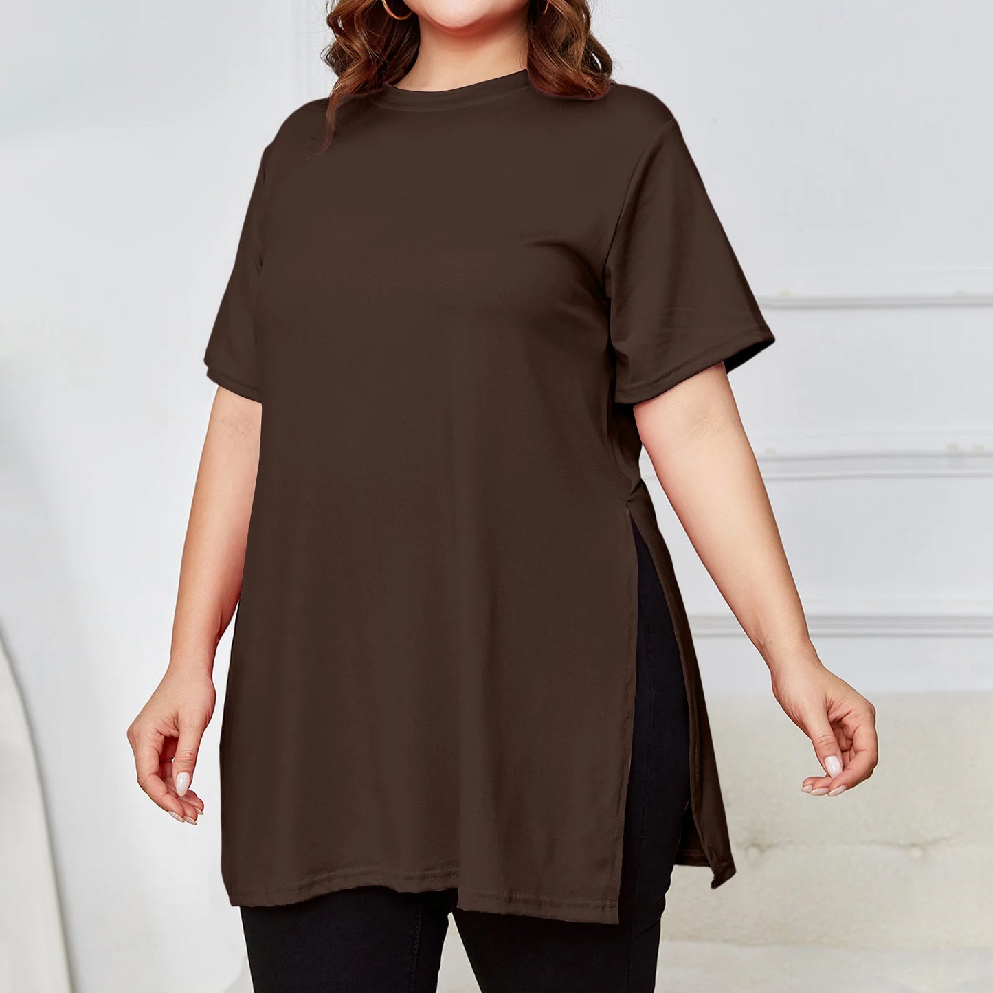 Plus Size Mid-length Slit T-shirt Solid Color Round Neck Short Sleeve
