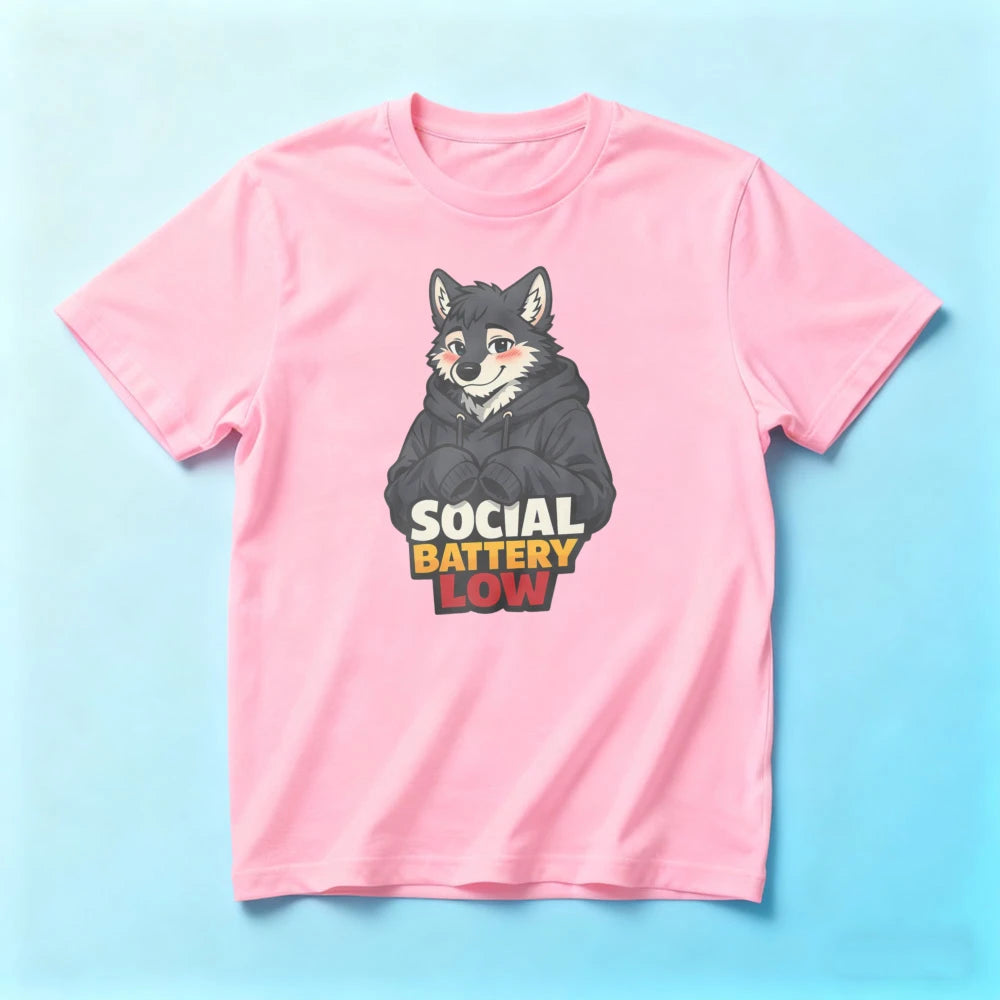 SOCIAL BATTERY LOW Shy Wolf Furry Shirt Cartoon Graphic Printed Tee