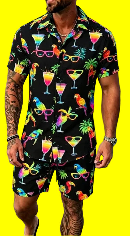 Cool animal print vacation set, short sleeved shirt and shorts, suitable for beach vacations and fun tropical outfits.