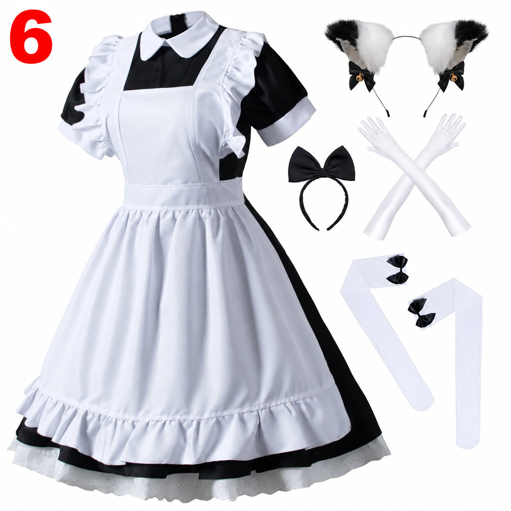 S-3XL Black White Cat Maid Outfit Cosplay Cute Soft Girl Maid Uniform Appealing Set Stage Waiter Costumes