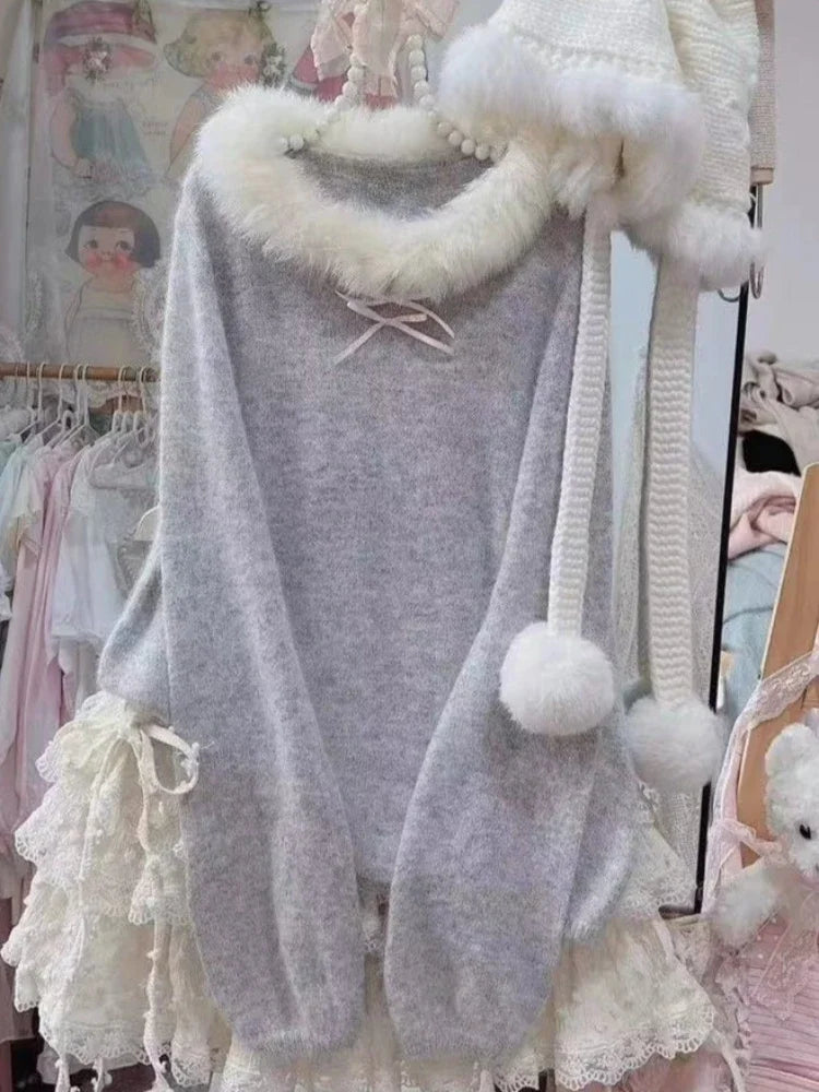 Sweet Hot Bow Off-Shoulder Sweater Elegant Fashion Knitted Tops
