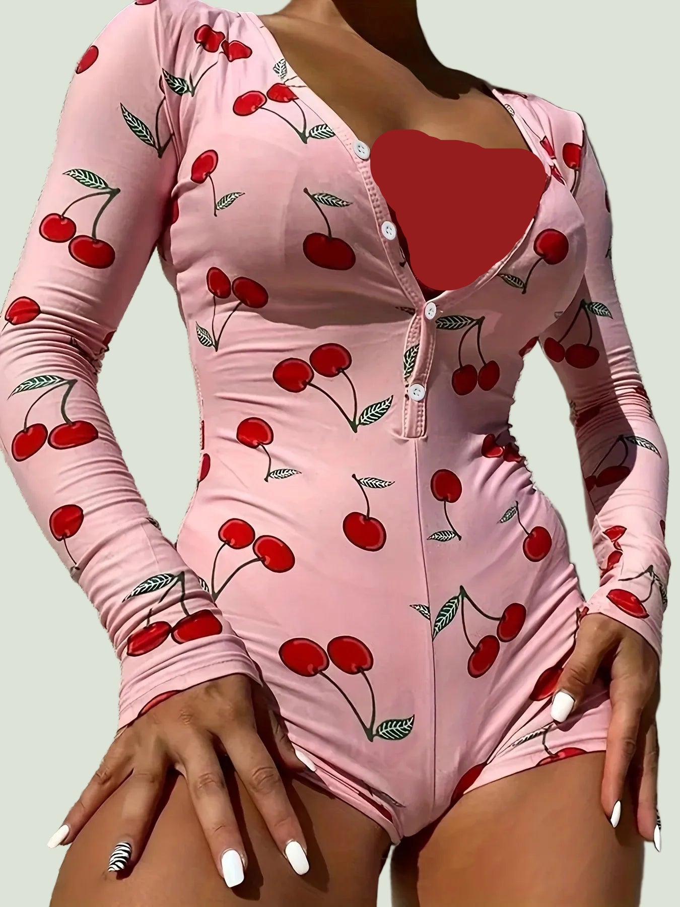 Casual Cherry Print V-neck Front Button Long Sleeve Onesies/ Bodysuit
