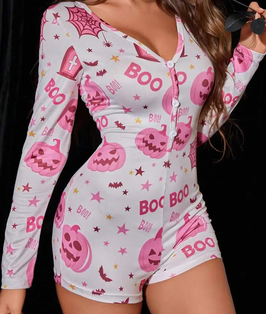 Unisex Romper Long Sleeve Button Front Pumpkin Print Jumpsuit