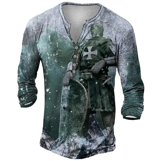 Vintage V Neck Henley 3D Cross Long Sword Long Sleeve Men's T Shirt Oversized