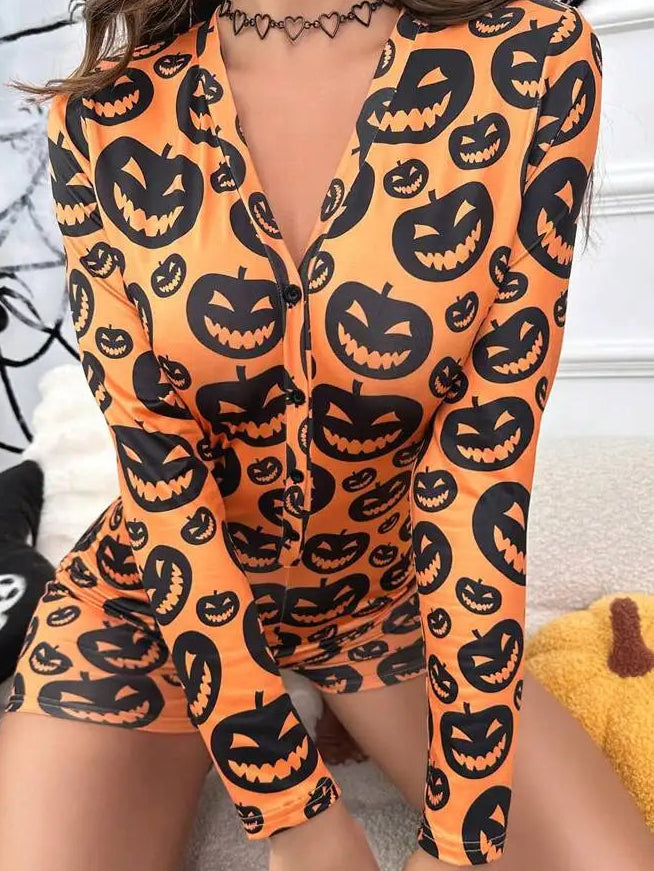 Unisex Romper Long Sleeve Button Front Pumpkin Print Jumpsuit