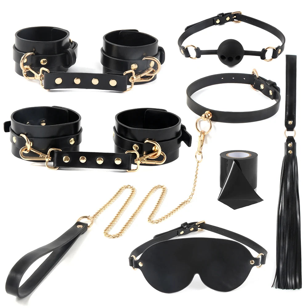 PU Leather Bondage Kit Restraints Handcuff SM Collar Mouth Ball Gag Flogger Bondage Tape Sex Toys For Couples