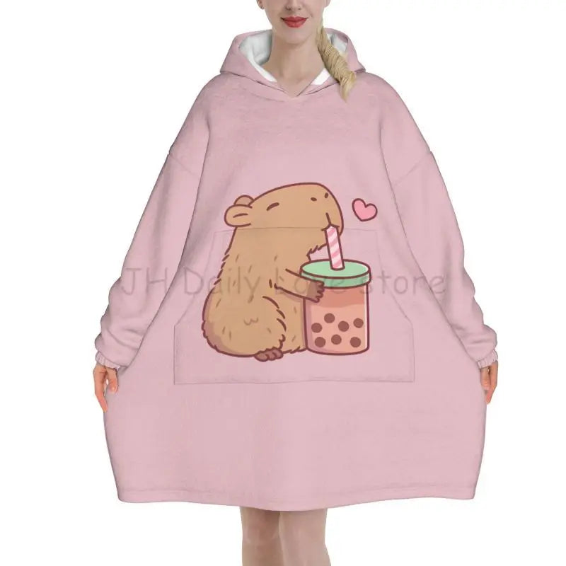 Wearable Blanket Hoodie Cute Capybara Oversized Blanket Warm Cozy Flannel Fleece Sherpa Blanket with Pockets