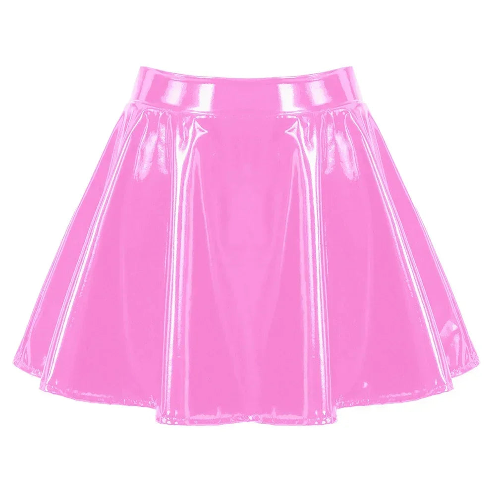 Glossy Short Pleated Skirts Patent Leather Miniskirt