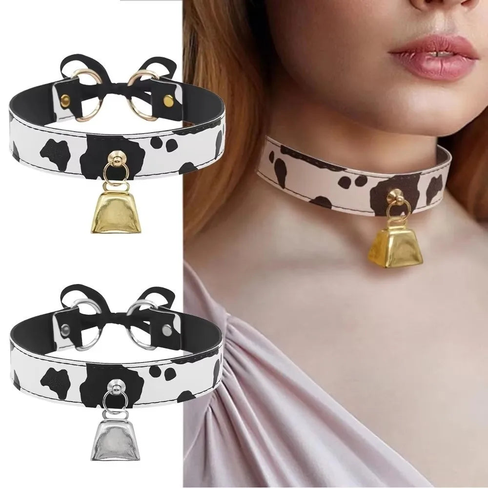 Cow Print Leather Choker Adjustable Bell Collar
