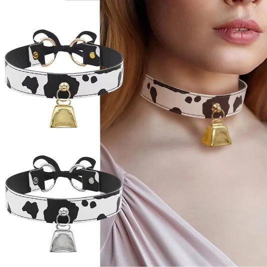 Cow Print Leather Choker Adjustable Bell Collar