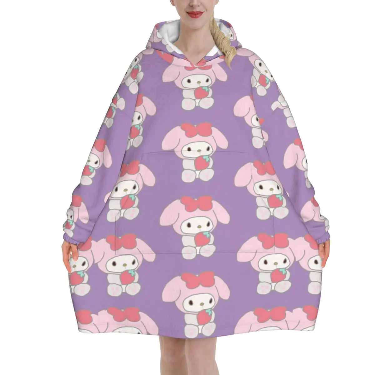 My Melody And Kuromi Blanket Hoodie Wearable Cute Cartoon Blanket Large with Pocket Warm Onesie
