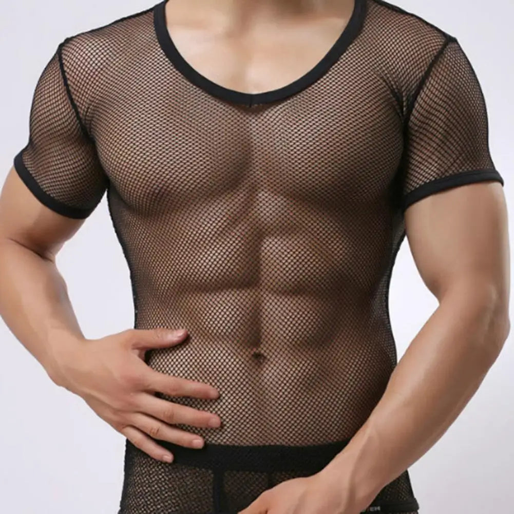 Men Mesh T Shirt Transparent Sexy Men See Through Fashion T-shirt Men Slim Fit Shiny Sexy T Shirt Party Nightclub Blouse Tops