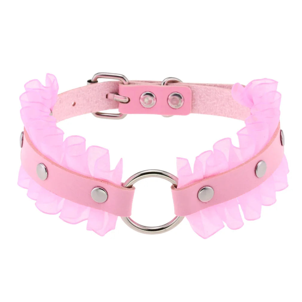 Trendy Punk Pink Lace Leather Choker Necklace